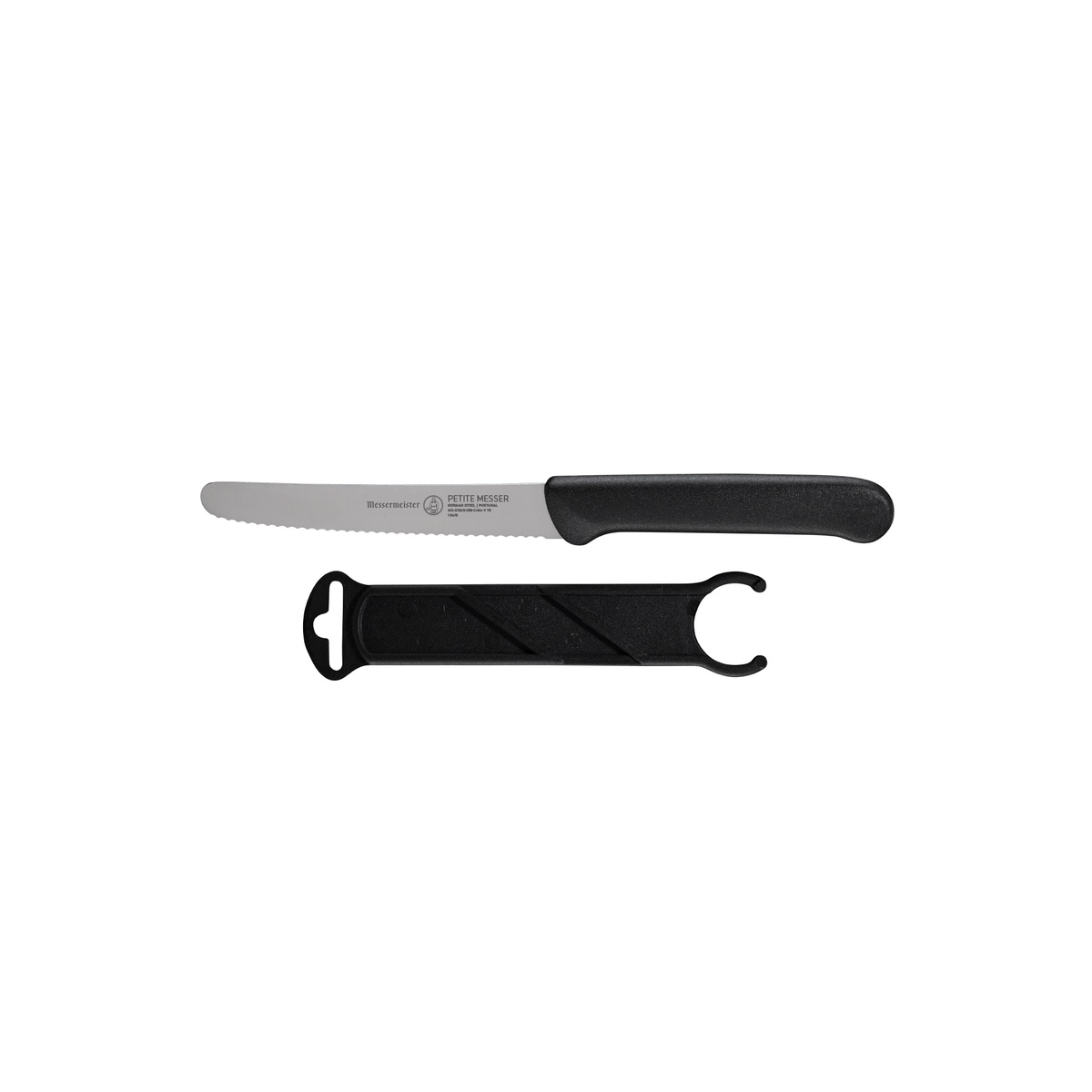 Horizontal view of the Messermeister serrated tomato knife and its protective sheath
