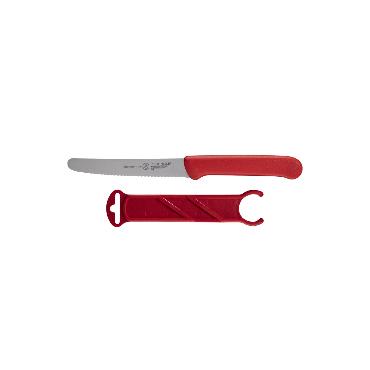 Messermeister red serrated tomato knife shown horizontally above its matching red plastic sheath on white background