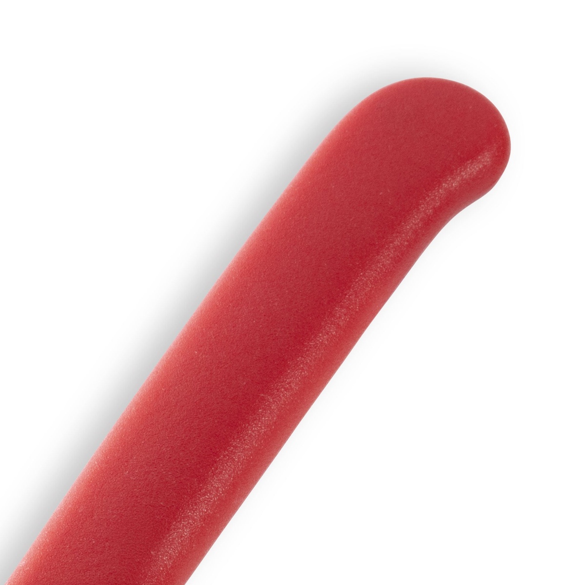 Close-up detail of the rounded butt end of the Messermeister Petite Messer red plastic handle