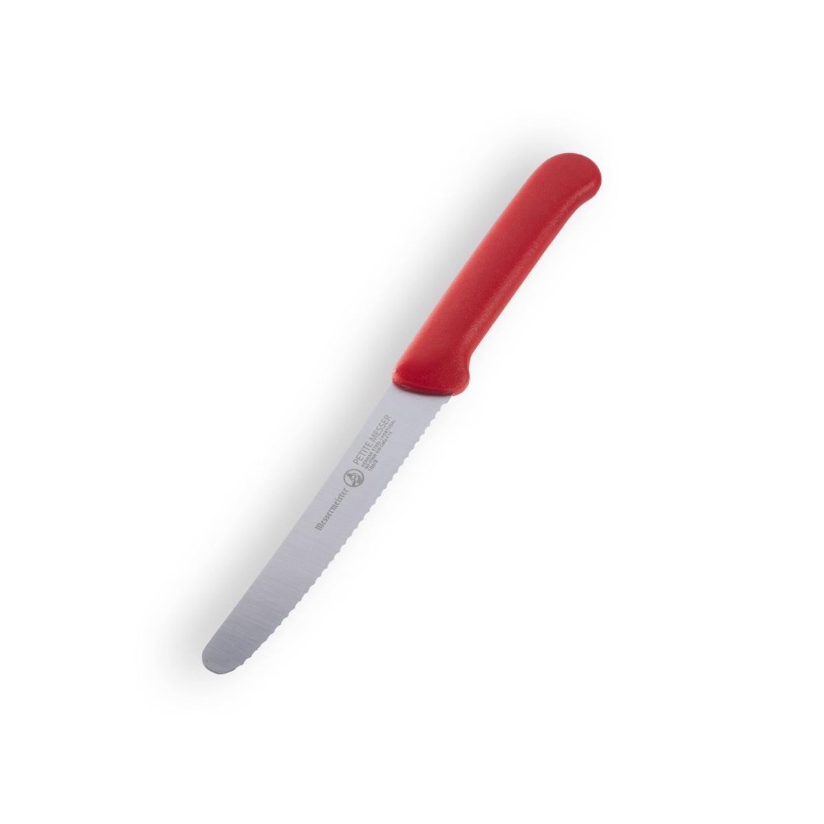 Messermeister Petite Messer red serrated tomato knife shown at an angle against white background