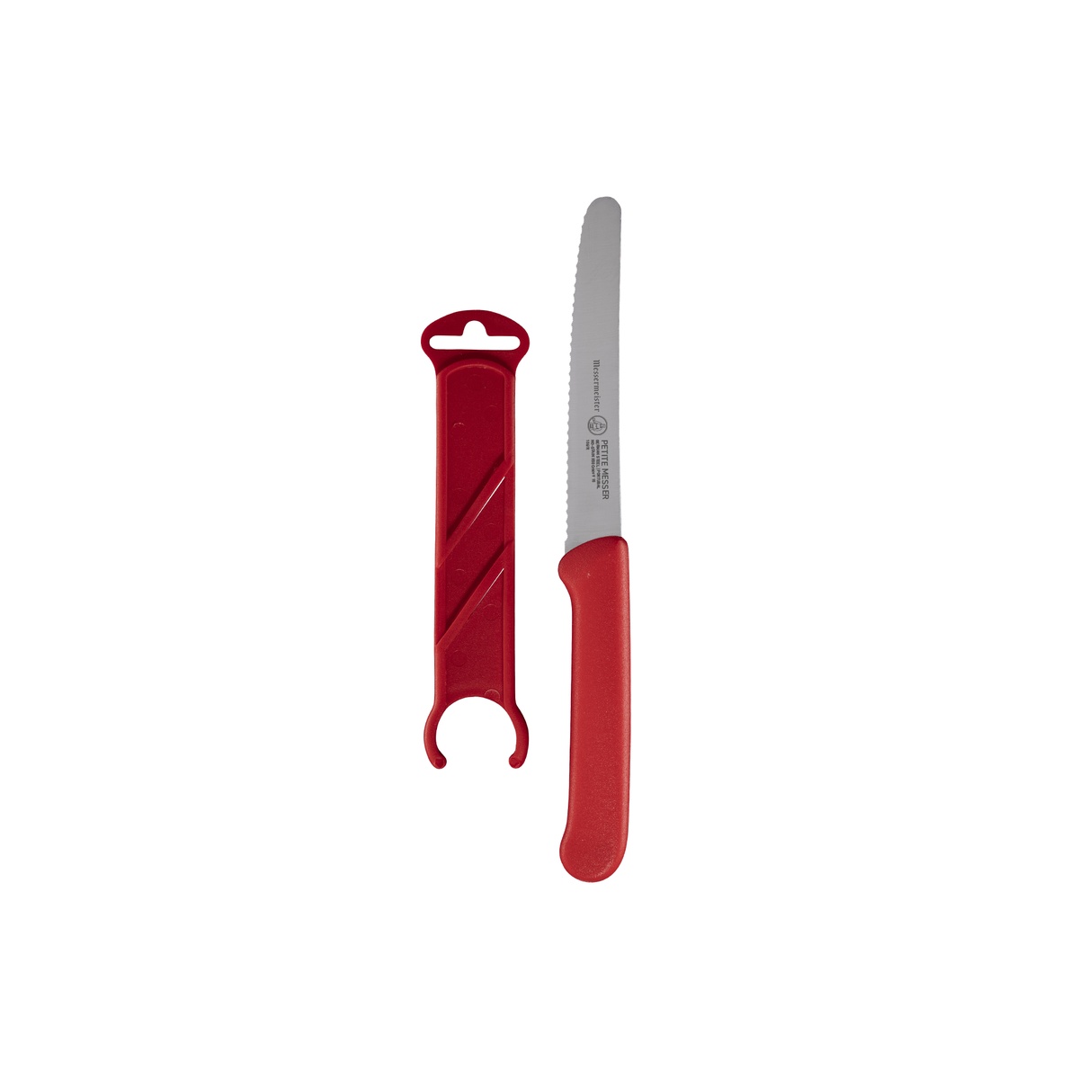Messermeister red serrated tomato knife shown vertically alongside its matching red plastic sheath