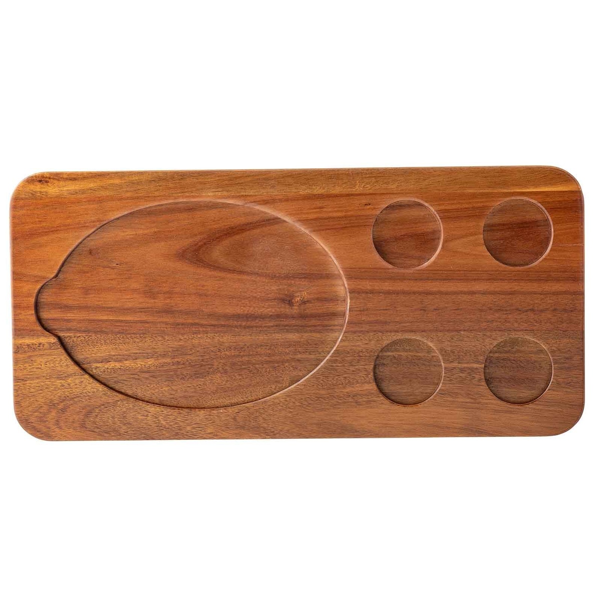 TableCraft 10709 rectangular acacia wood fajita serving board showing oval and four circular cutouts on white background