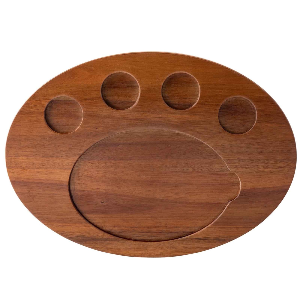Tablecraft 10710 oval acacia wood fajita serving board top-down view showing ramekin cutouts and oval sizzle platter recess
