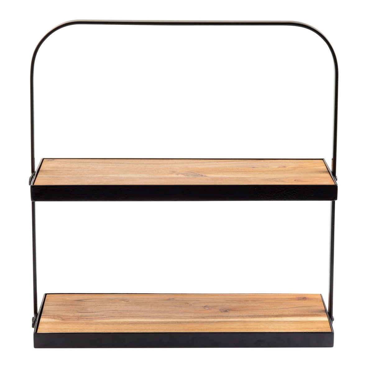 TableCraft 10718 rectangular two-tiered display stand with acacia wood shelves and black powder-coated steel frame, front view on white background
