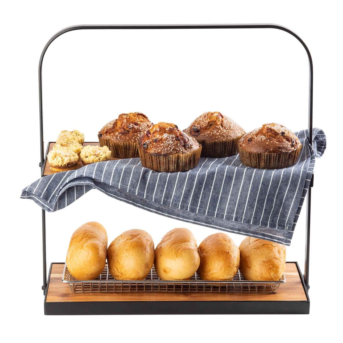 TableCraft two-tiered acacia wood display stand styled with fresh muffins on the upper tier and dinner rolls in a wire basket on the lower tier, against a white background