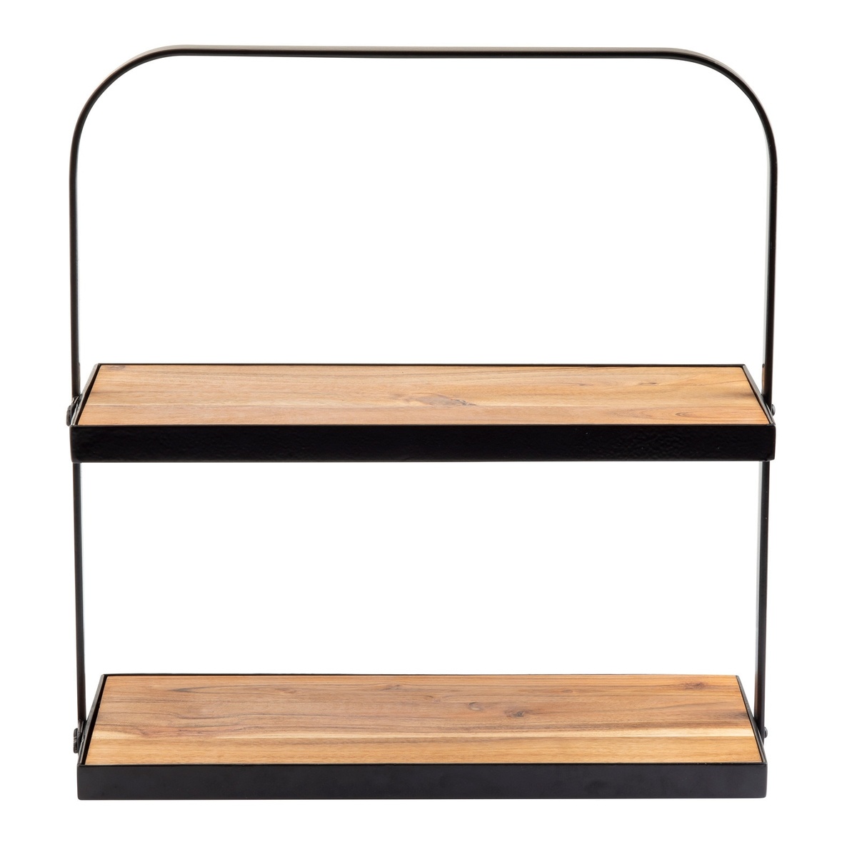 TableCraft 10718 two-tier rectangular acacia wood display stand with black powder coated steel frame, shown empty on white background