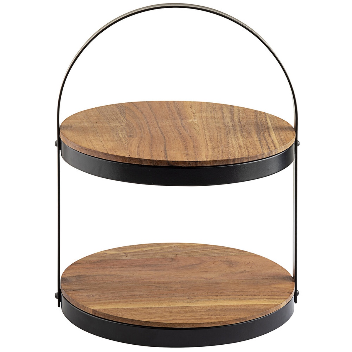 TableCraft 10719 two-tier round acacia wood display stand with black powder coated steel frame on white background