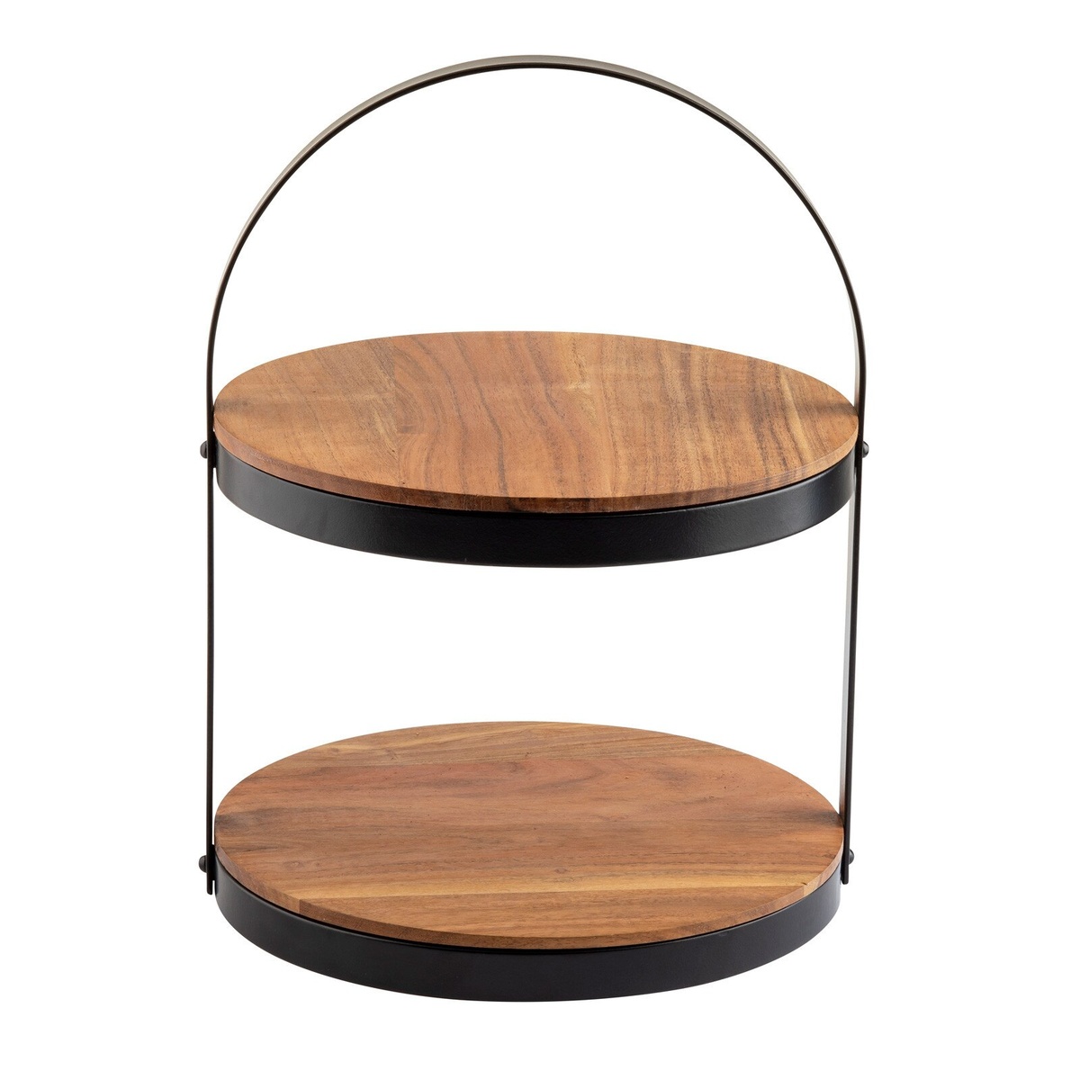 TableCraft 10719 round two-tiered display stand with acacia wood shelves and black powder-coated steel arch frame
