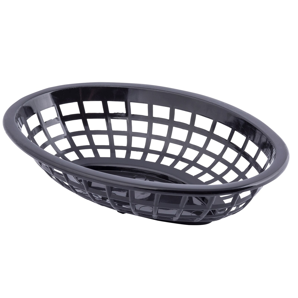 TableCraft 1071BK black oval plastic serving basket, angled perspective view