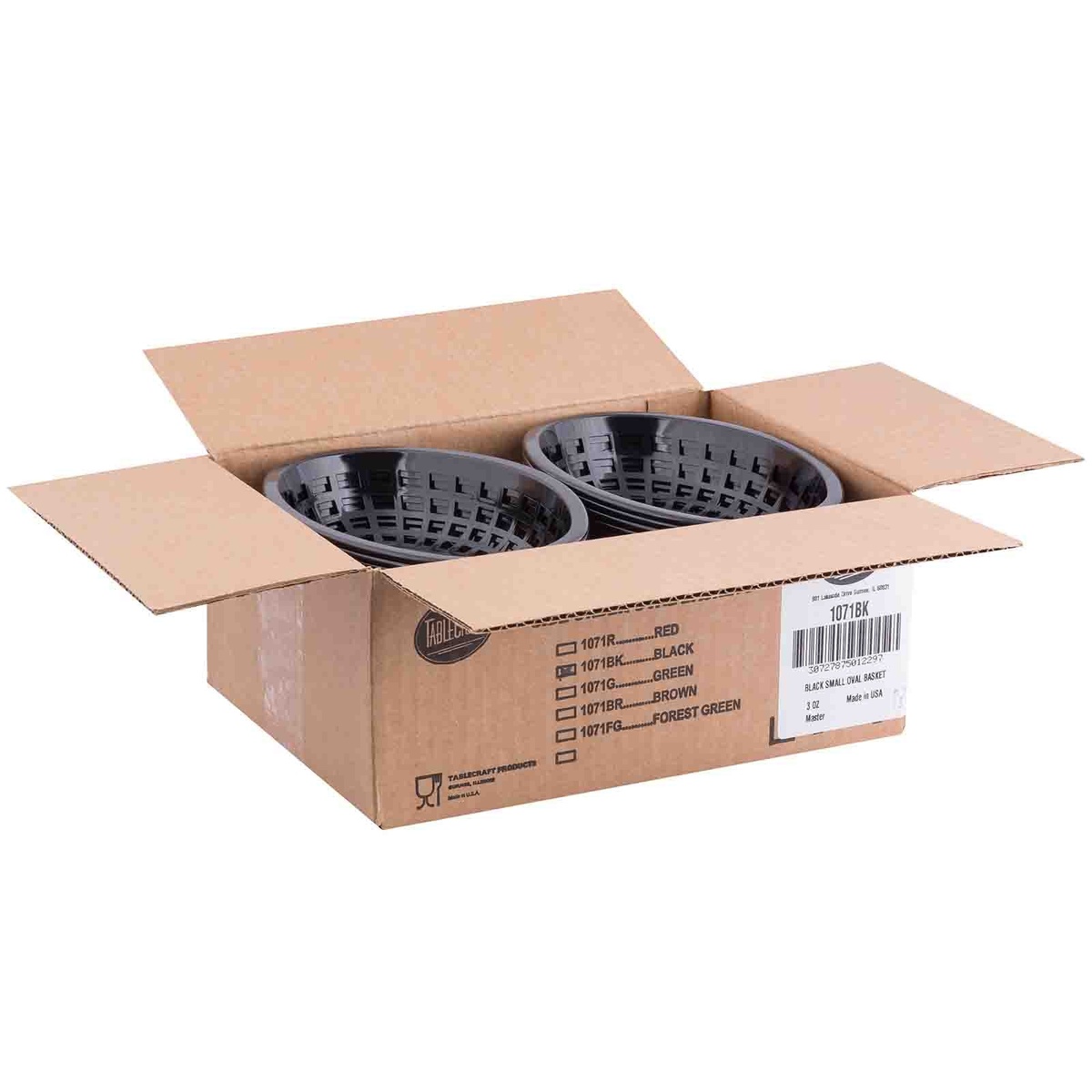 TableCraft 1071BK black oval baskets stacked inside an open shipping carton labeled Black Small Oval Basket, Made in USA