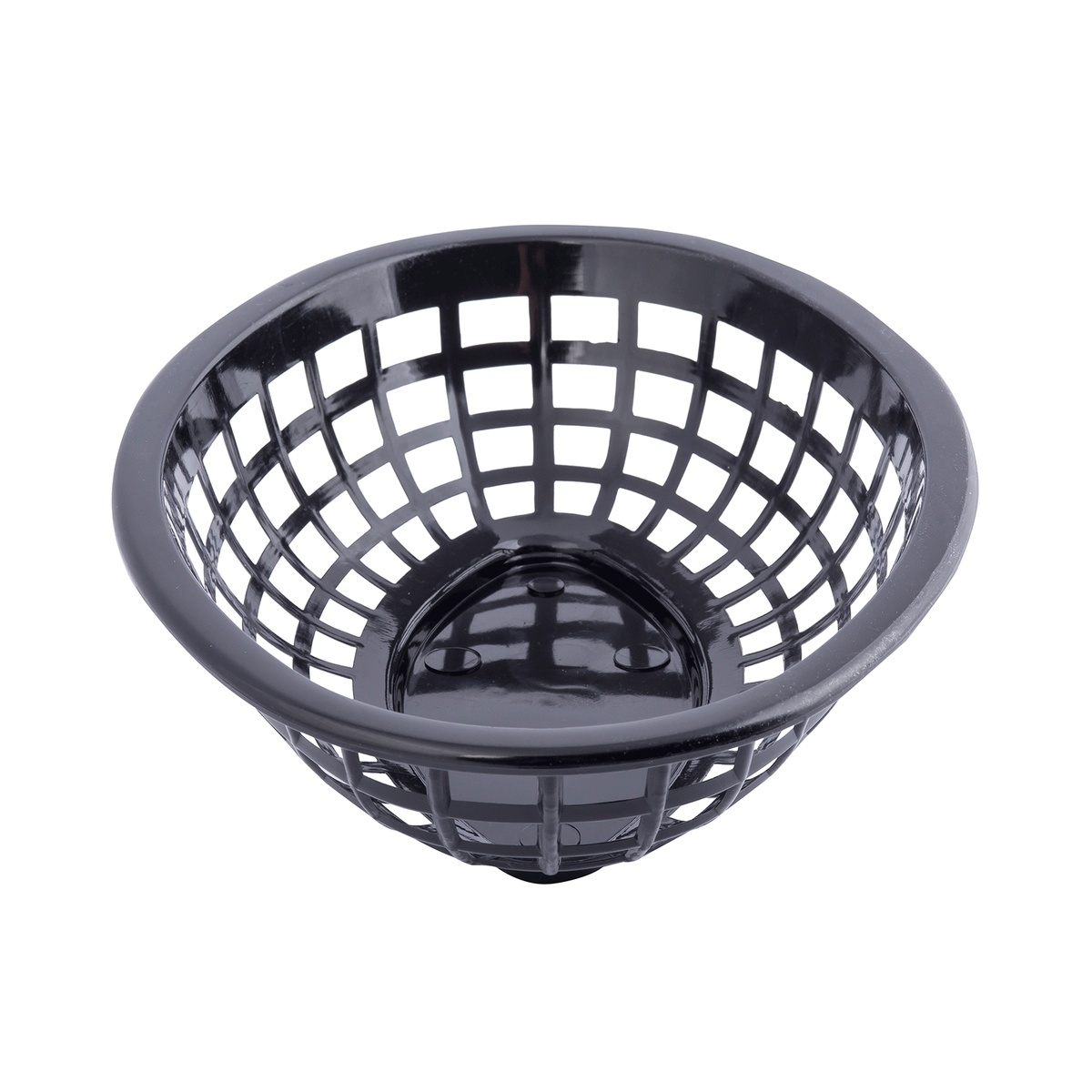 TableCraft black plastic basket viewed from above showing the interior lattice weave pattern and solid base
