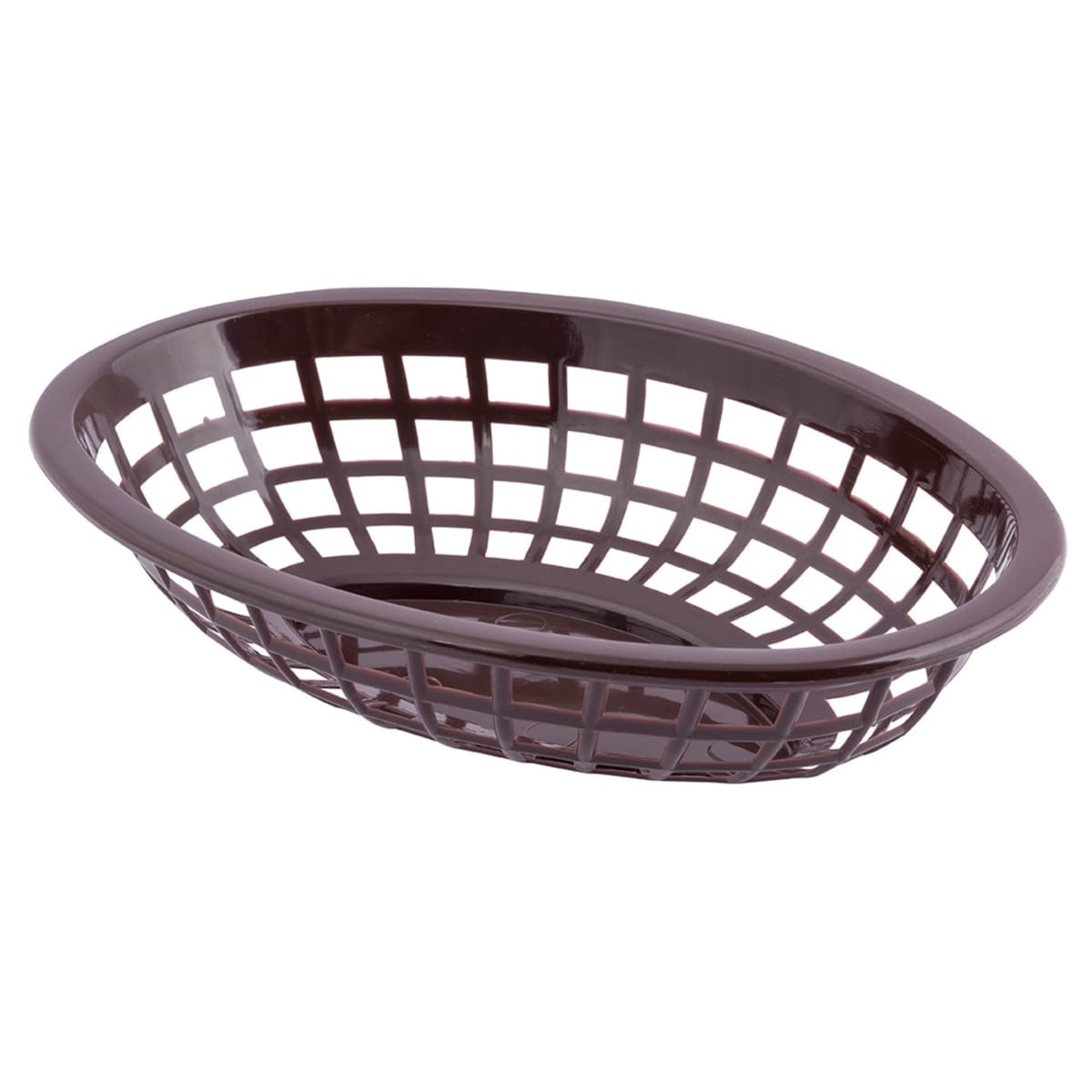 Tablecraft 1071BR brown oval polyethylene side order basket, angled three-quarter view
