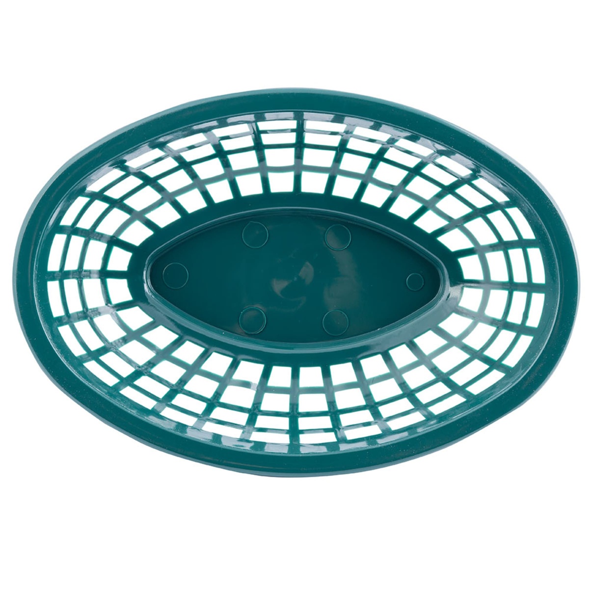 Tablecraft 1071FG forest green oval basket, overhead view showing solid oval base and lattice grid pattern