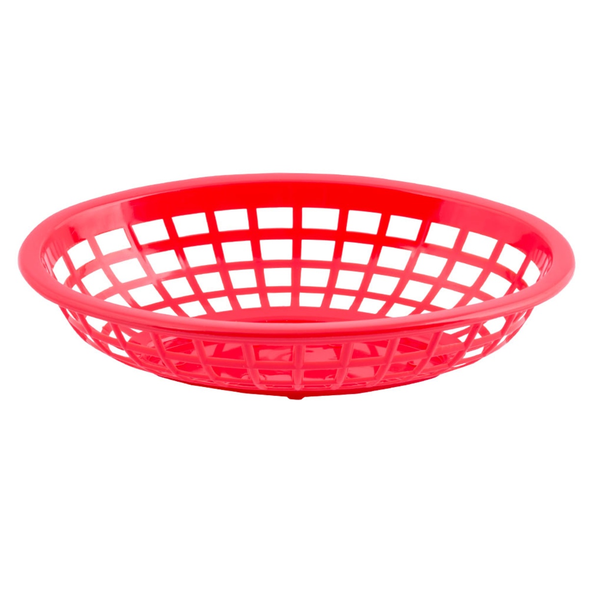Tablecraft 1071R red oval polyethylene side order basket, top-down angled view showing basket opening