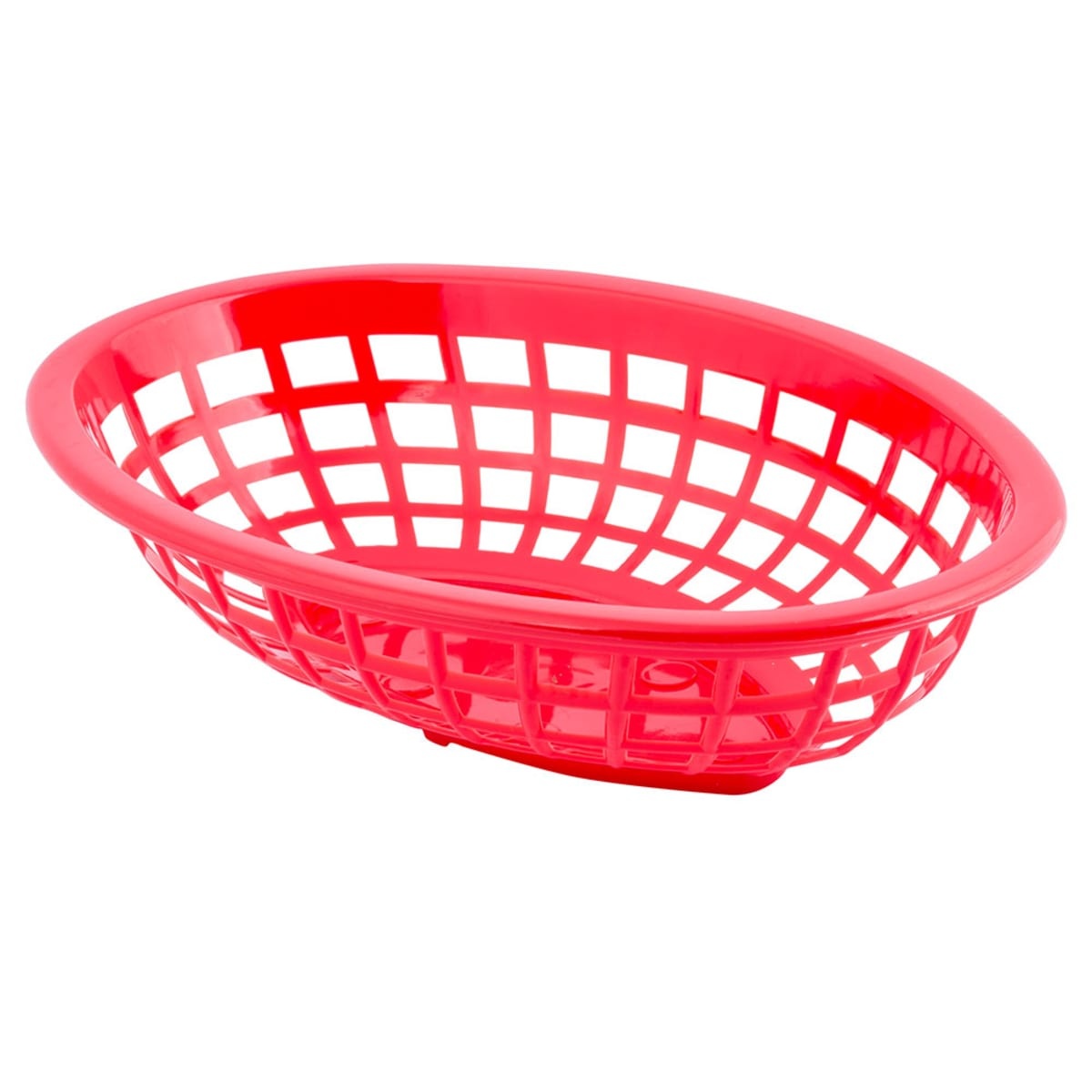 Tablecraft 1071R red oval polyethylene side order basket, angled three-quarter view
