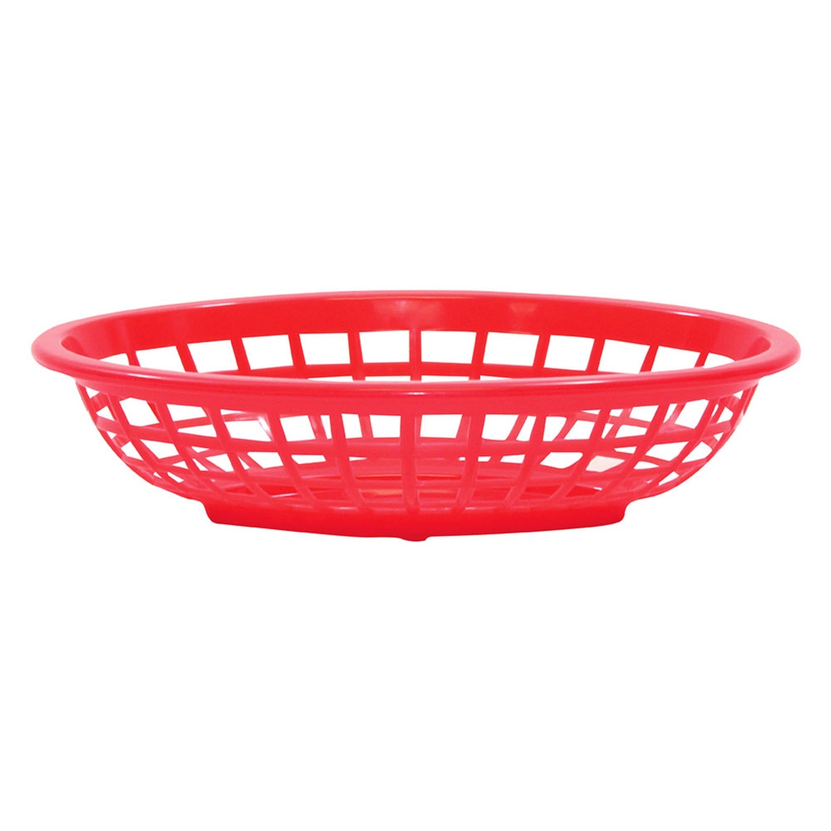 Tablecraft 1071R red oval polyethylene side order basket, low profile side view showing shallow depth