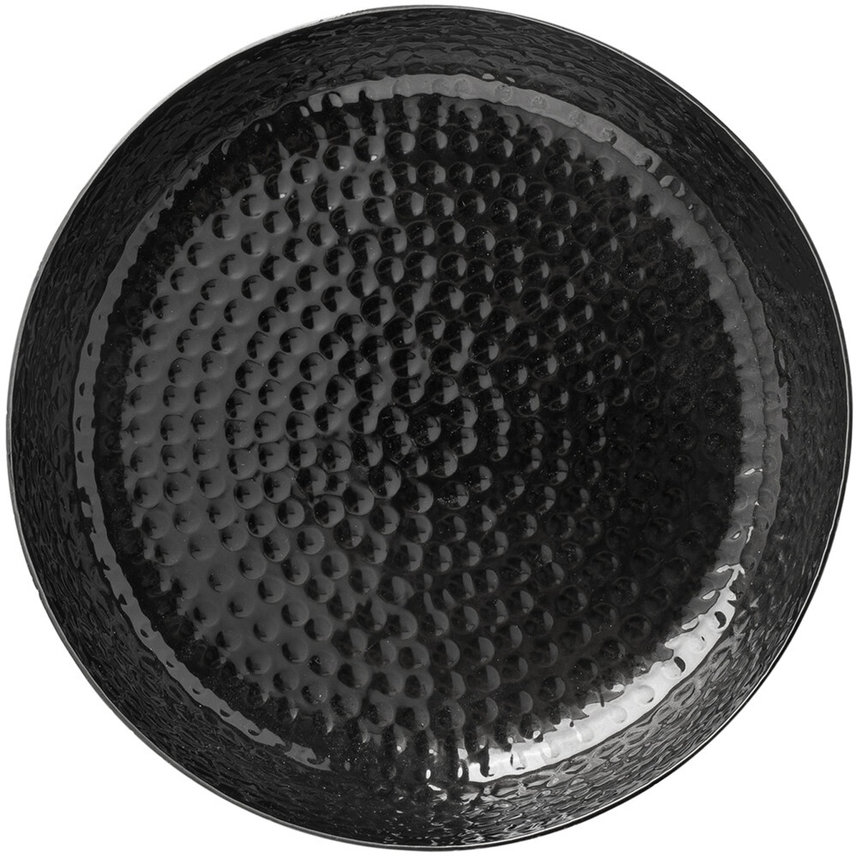 TableCraft 10736 round black aluminum serving platter with crackle texture, top-down view