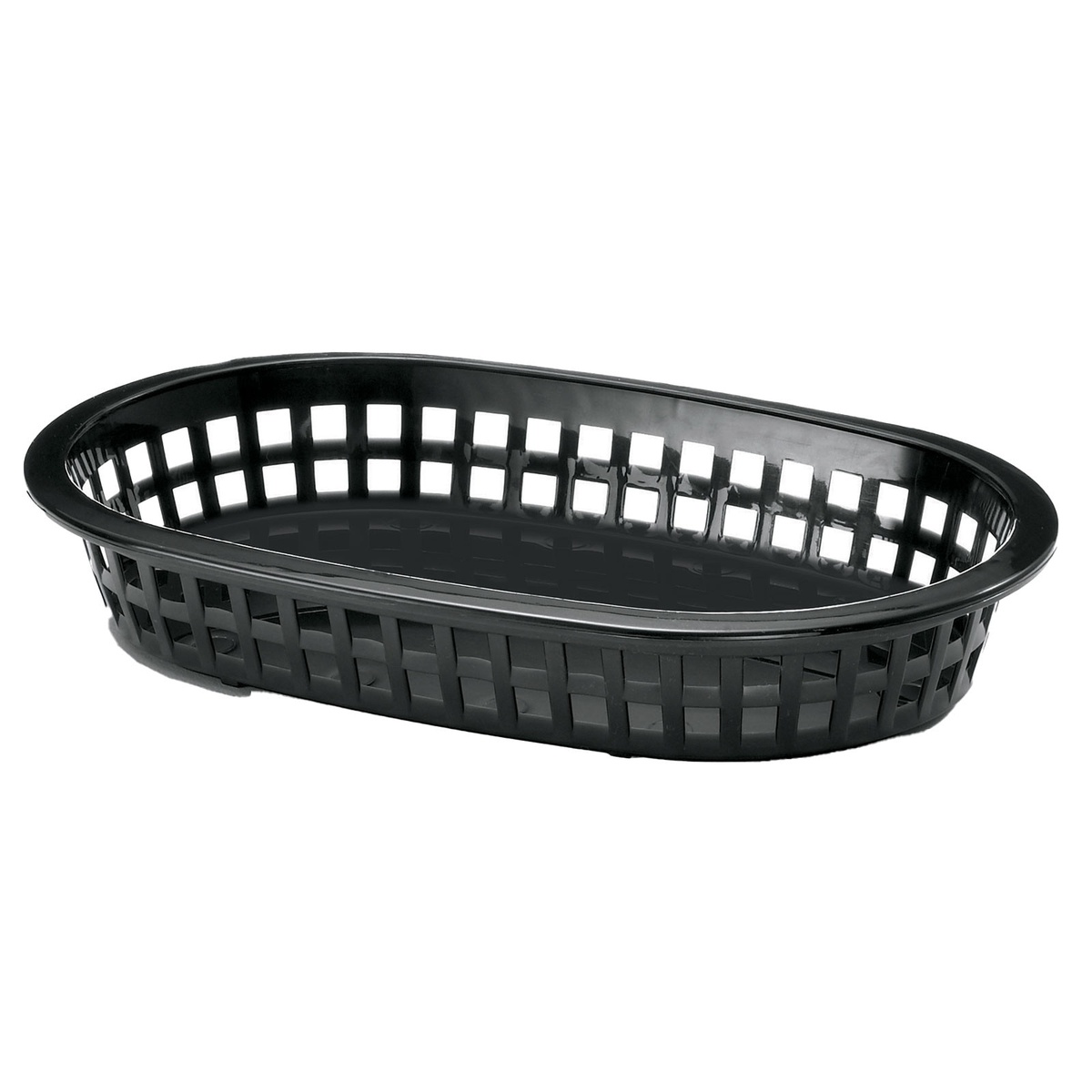 Black oval plastic A La Carte fast food basket, angled view showing woven-style sides and flat base