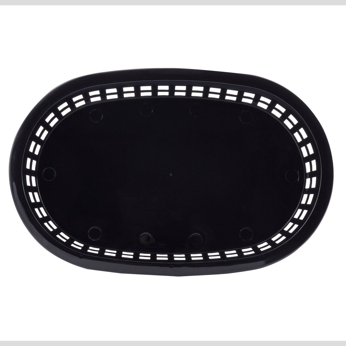 Black plastic A La Carte basket, top-down view showing oval shape and solid flat bottom