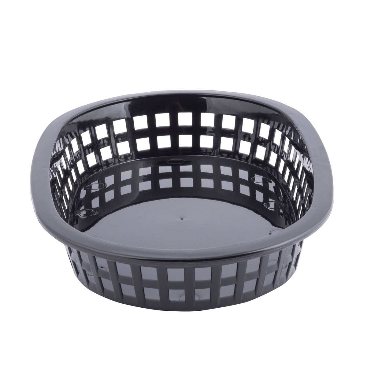 Black plastic round A La Carte basket from the same Classic Plastic Serving Basket line, angled view