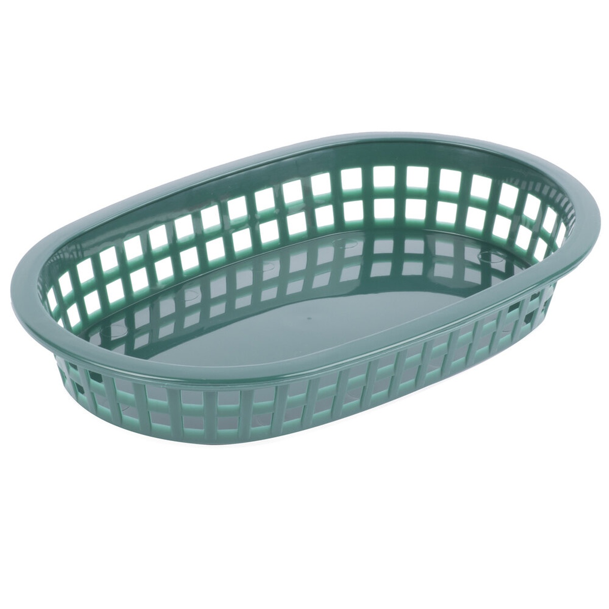 TableCraft 1073FG forest green oval plastic fast food basket, viewed from above at an angle