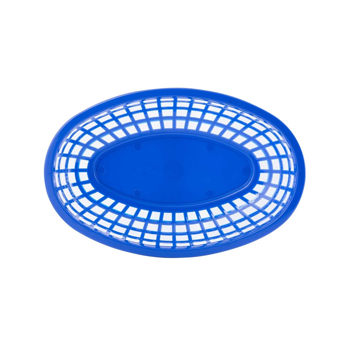 Blue oval classic fast food serving basket, overhead top-down view showing solid oval base and grid lattice border