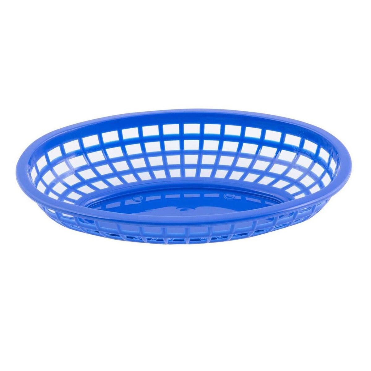 Blue oval classic fast food serving basket, side angle view showing lattice sides and solid base
