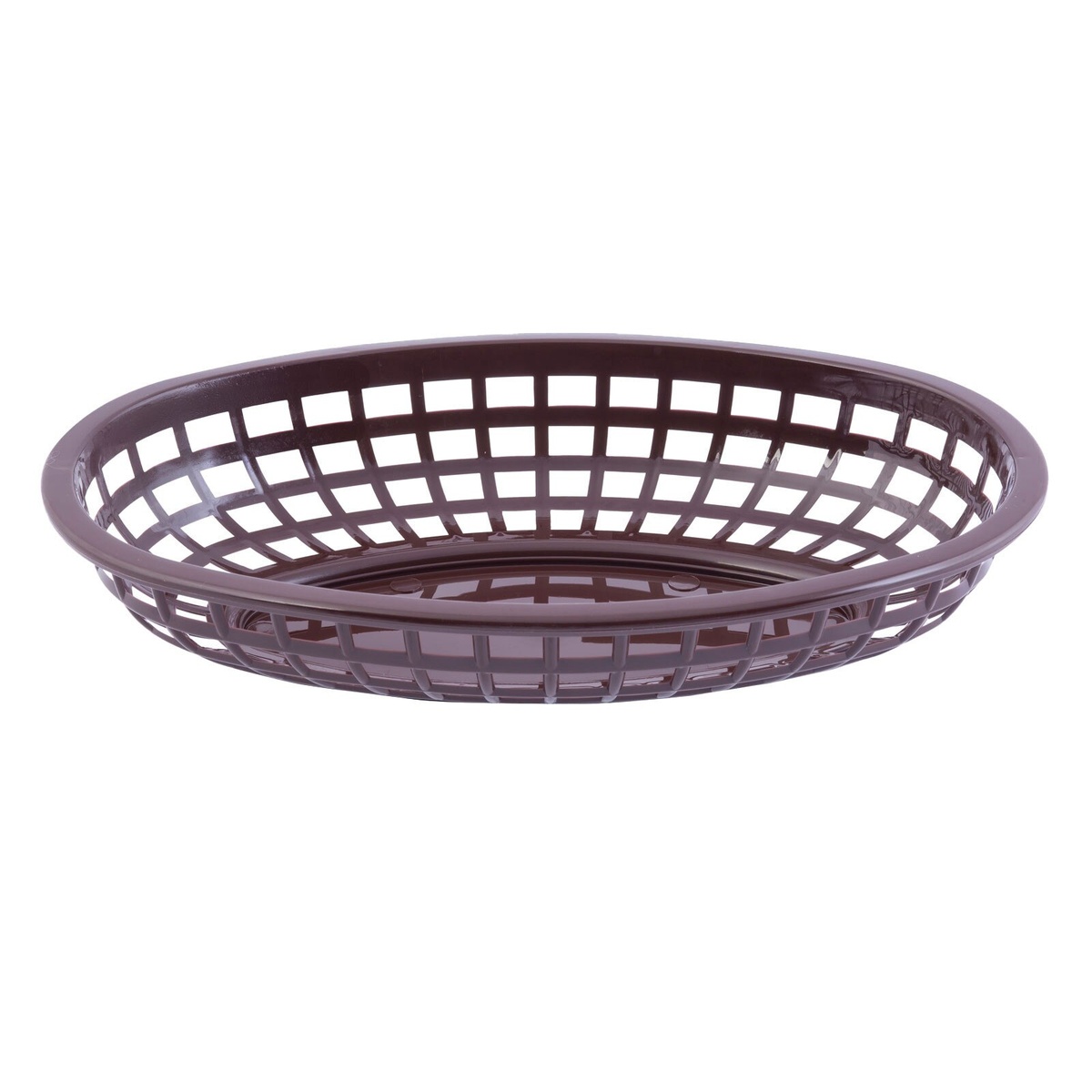 TableCraft 1074BR brown oval plastic serving basket, top angled view