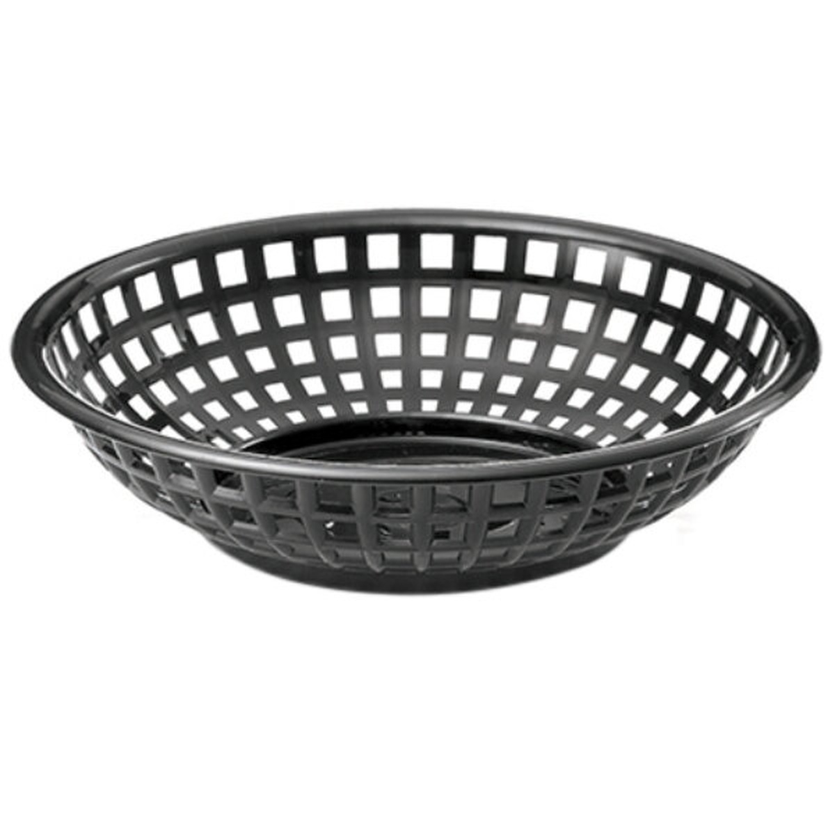 TableCraft 1075BK black round plastic serving basket with woven grid pattern