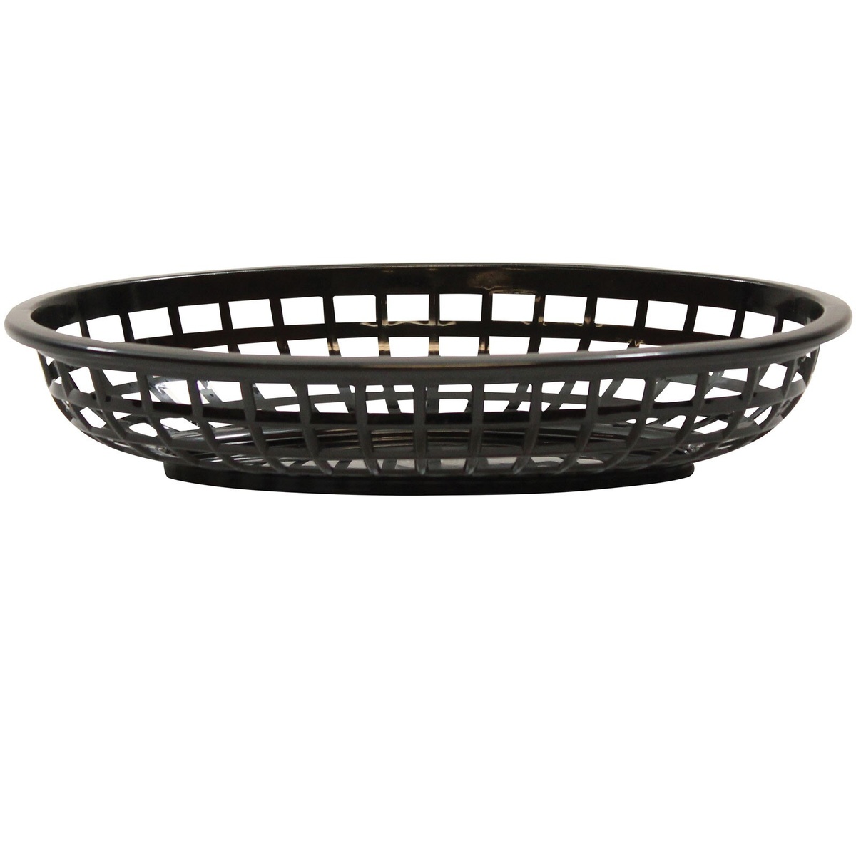 TableCraft 1075BK black round plastic serving basket with lattice side design on white background