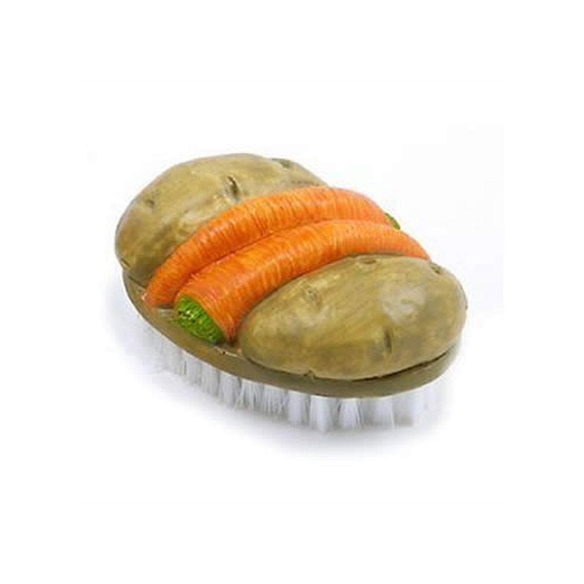 Norpro 1075D Potato Brush with stiff white bristles and potato-shaped body with carrot detail