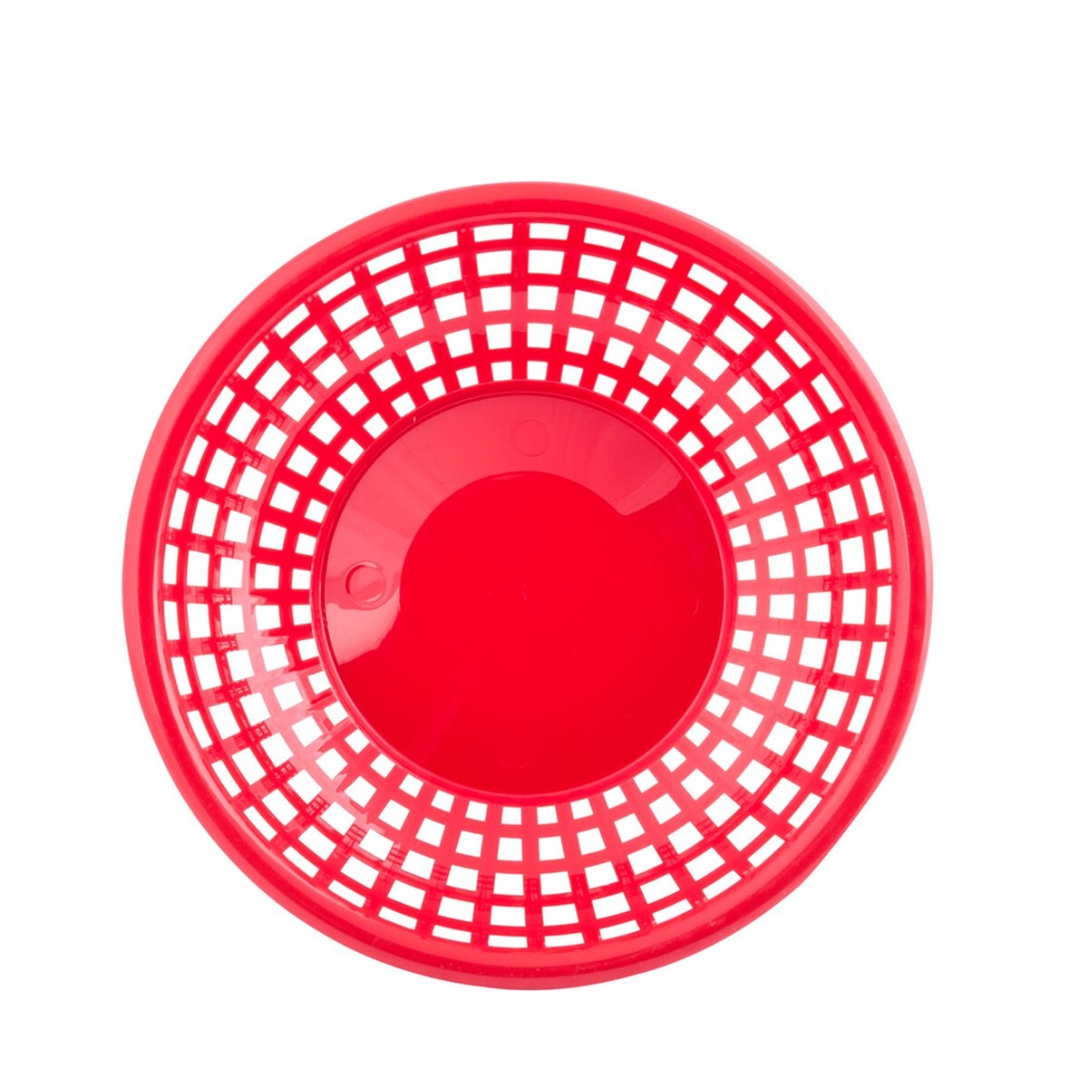 TableCraft 1075R red round serving basket, overhead top-down view showing interior solid base and grid lattice walls