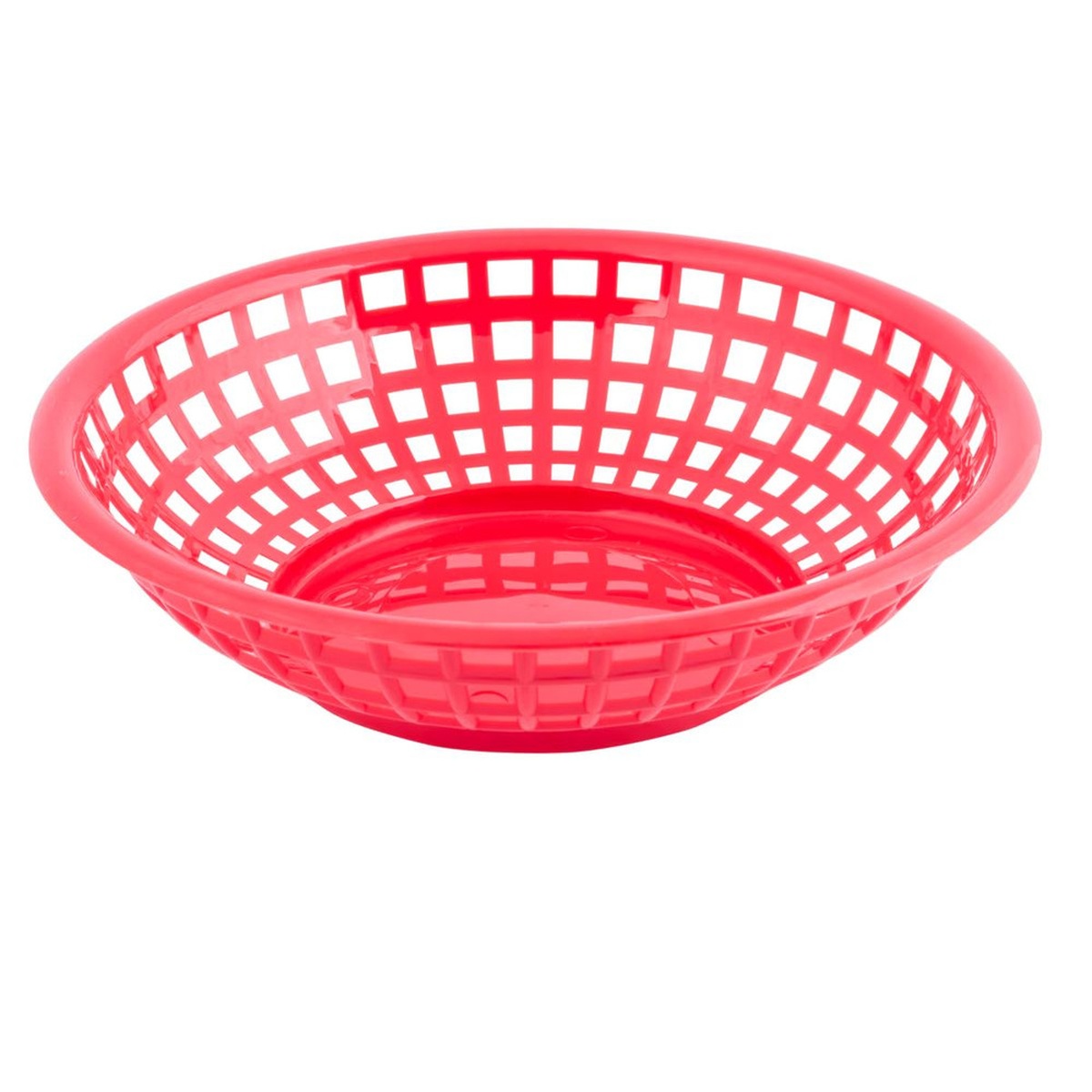 TableCraft 1075R red round polypropylene serving basket, side profile view showing grid wall design and solid base