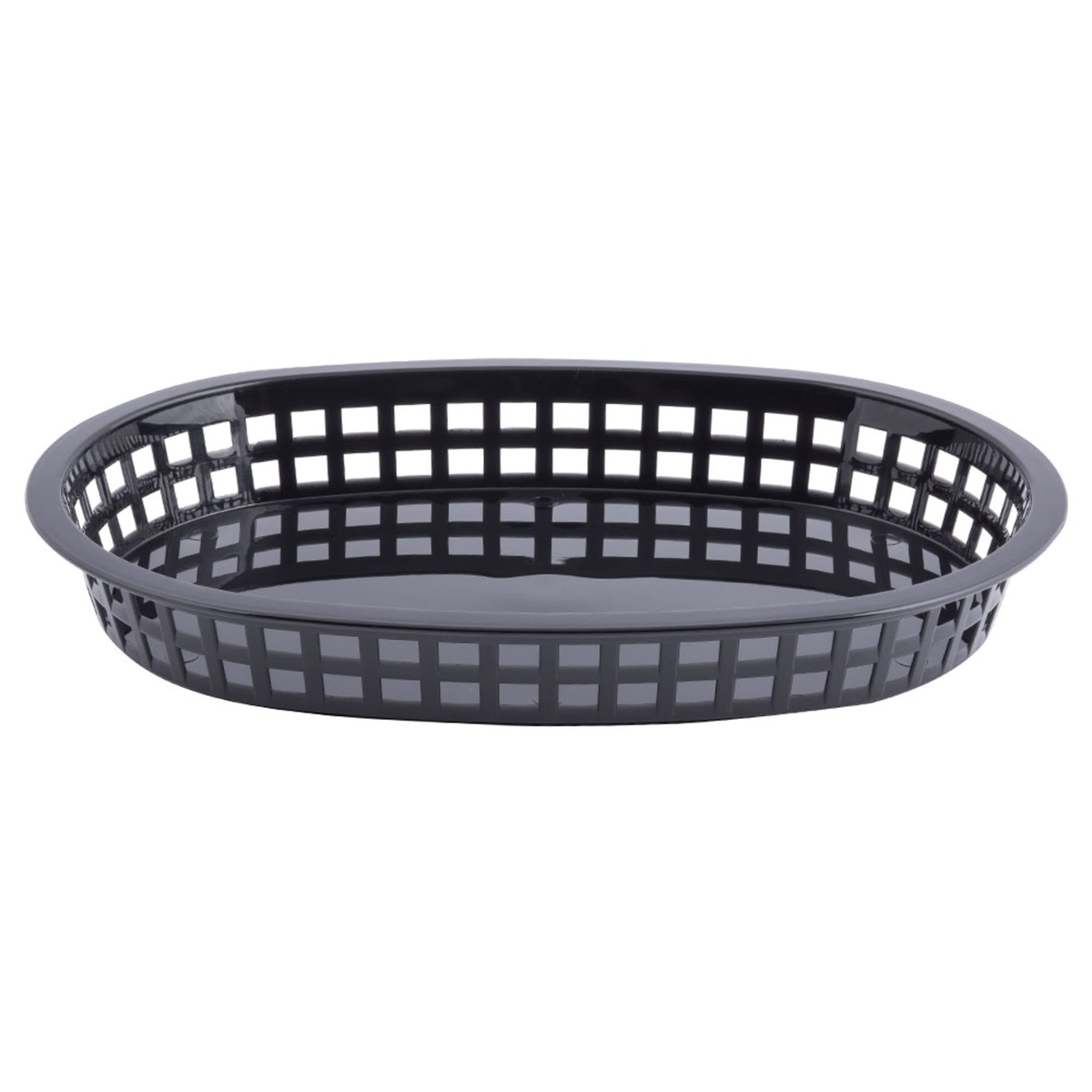 Tablecraft 1076BK oval black platter basket, straight front view showing lattice walls and flat base
