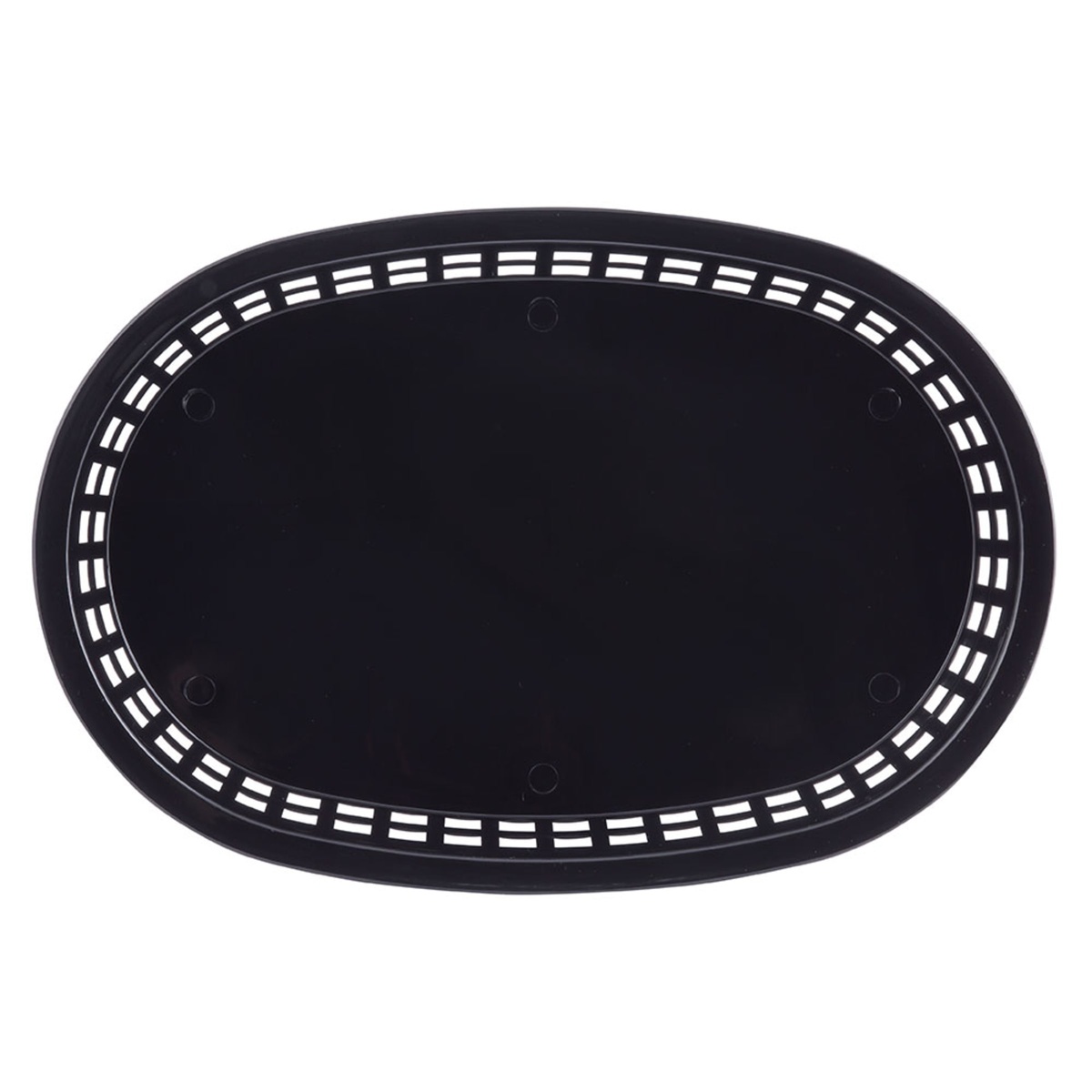 Tablecraft 1076BK black oval platter basket, bottom view showing solid oval base and slotted rim detail