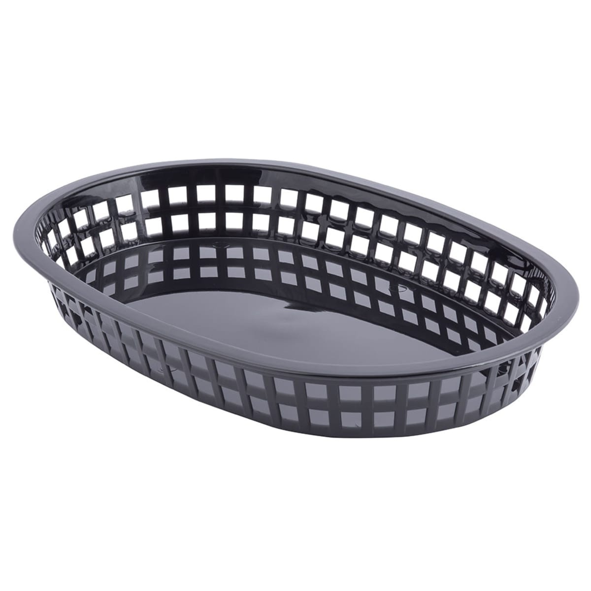Tablecraft 1076BK black oval polypropylene platter basket, angled view