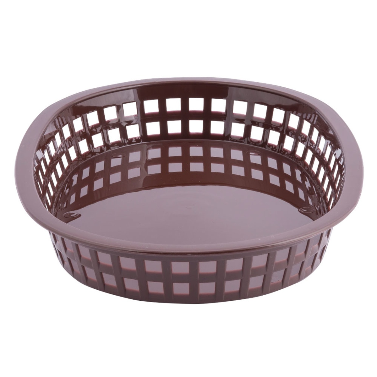 Tablecraft brown polypropylene fast food basket with lattice sides, round variant from the Chicago series