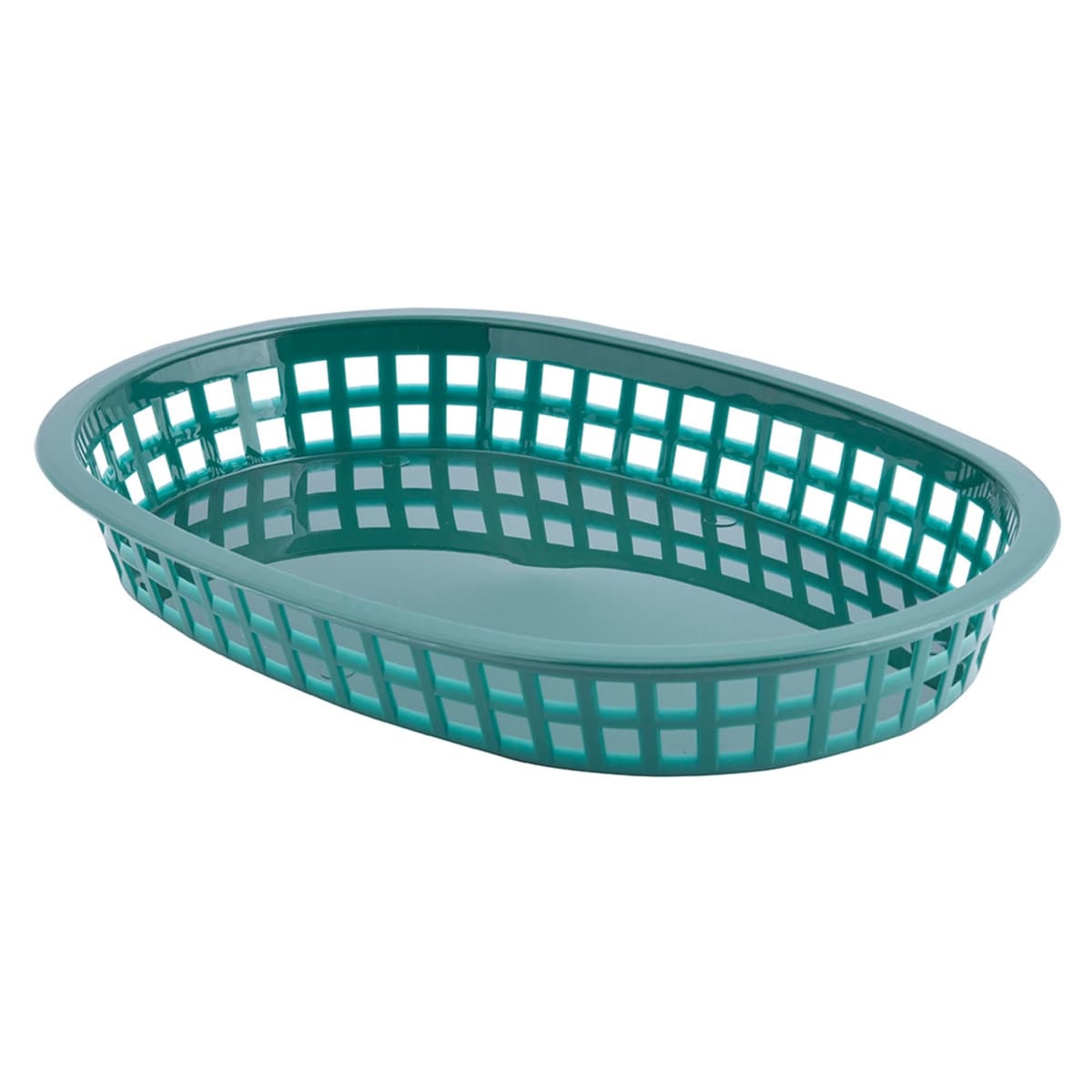 Tablecraft 1076FG forest green oval polypropylene fast food basket, angled perspective view