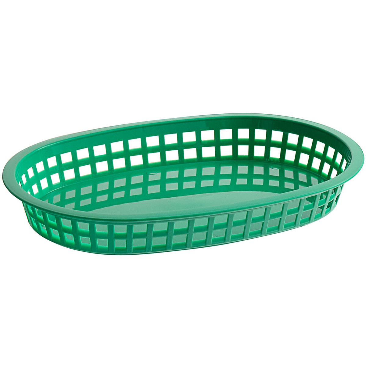 TableCraft 1076G green oval Chicago platter basket with grid-pattern sides on white background
