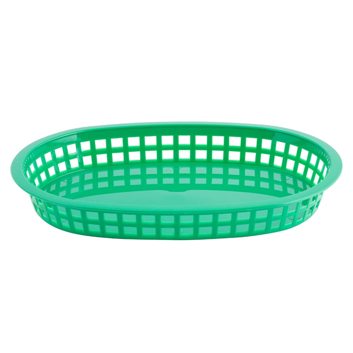 Tablecraft 1076G green oval Chicago Platter Basket, straight-on side view showing lattice walls