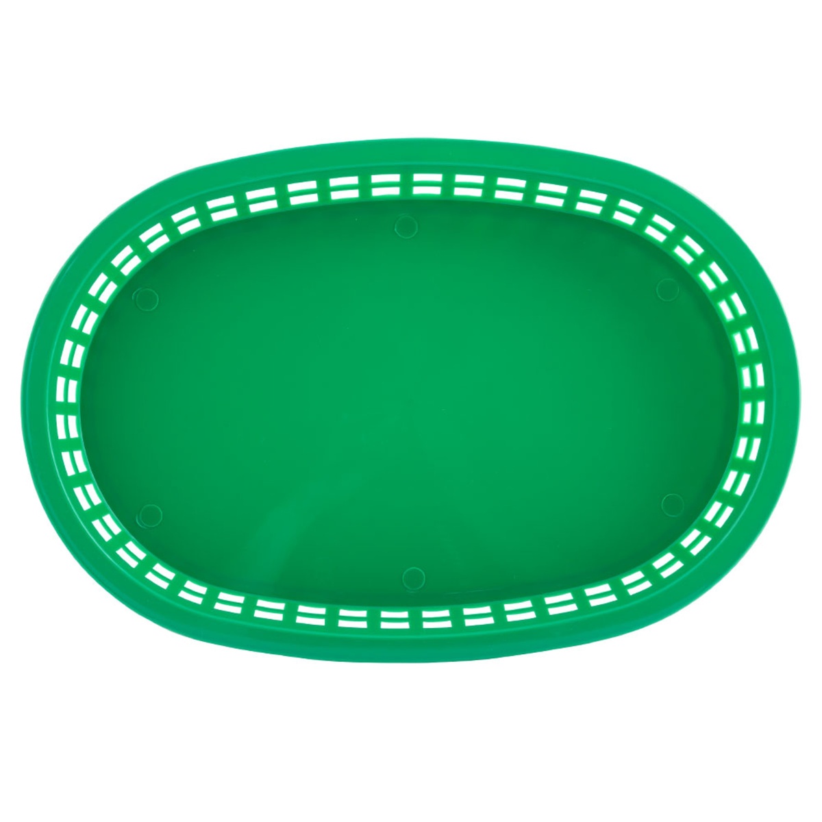 Tablecraft 1076G green oval Chicago Platter Basket, top-down view showing interior and perforated rim