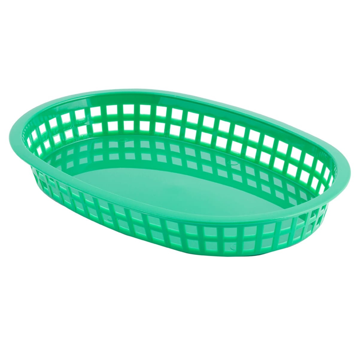 Tablecraft 1076G green oval polypropylene Chicago Platter Basket, angled three-quarter view