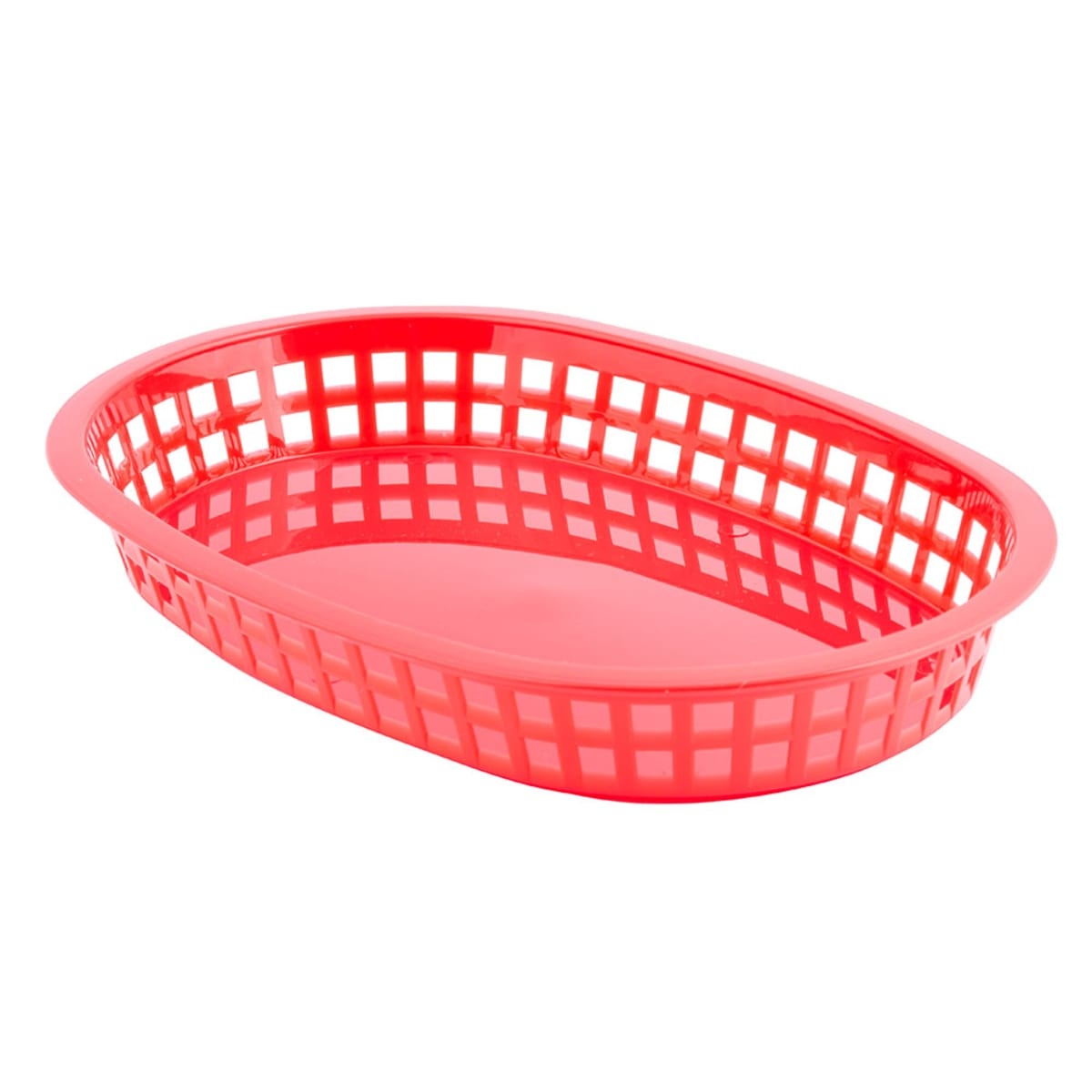 Tablecraft 1076R red oval Chicago platter basket, angled view showing lattice sides and flat base