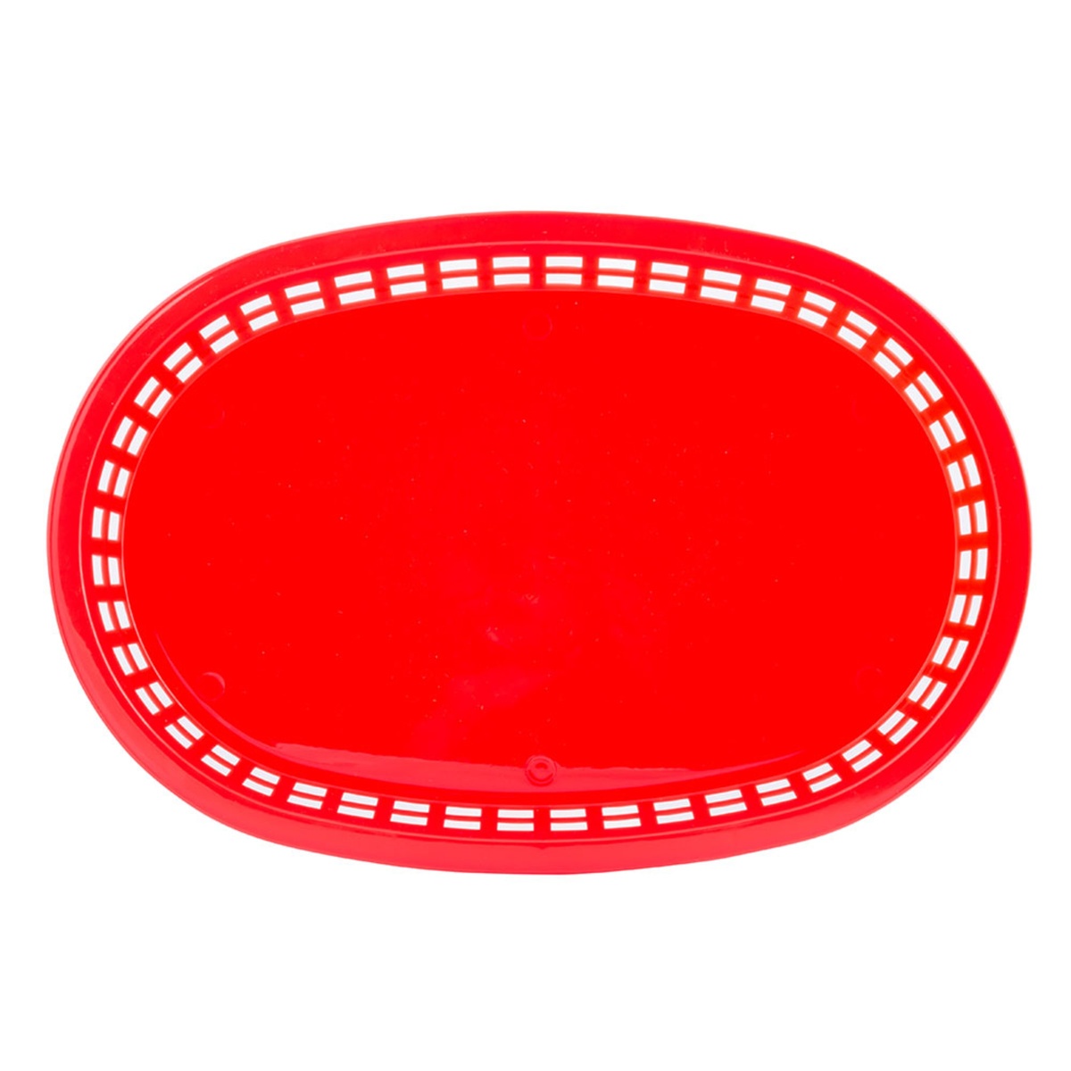 Tablecraft 1076R red oval Chicago platter basket, top-down view showing flat interior base and perforated rim