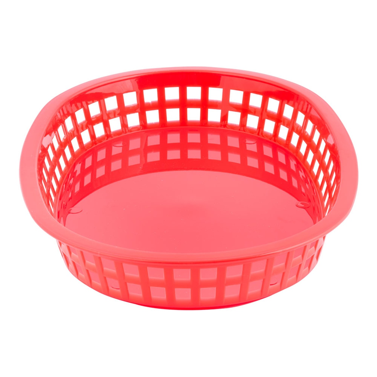 Tablecraft red round Chicago platter basket, showing the same grid sidewall design in a circular form from the Chicago series