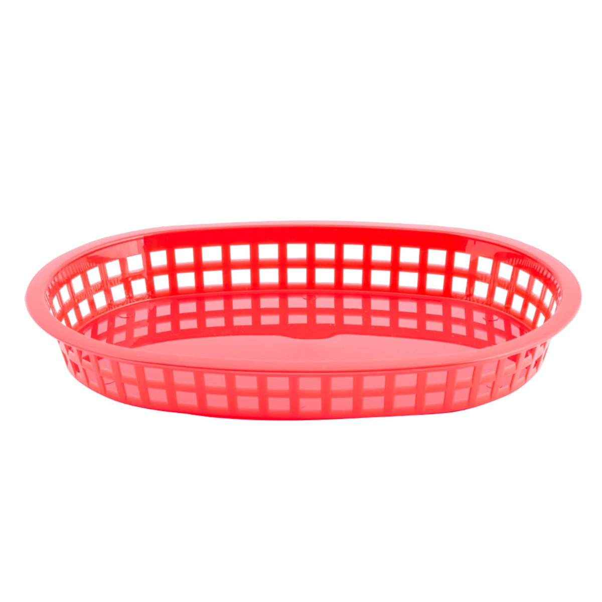 Tablecraft red oval Chicago platter basket, straight front side view showing woven grid sidewall detail
