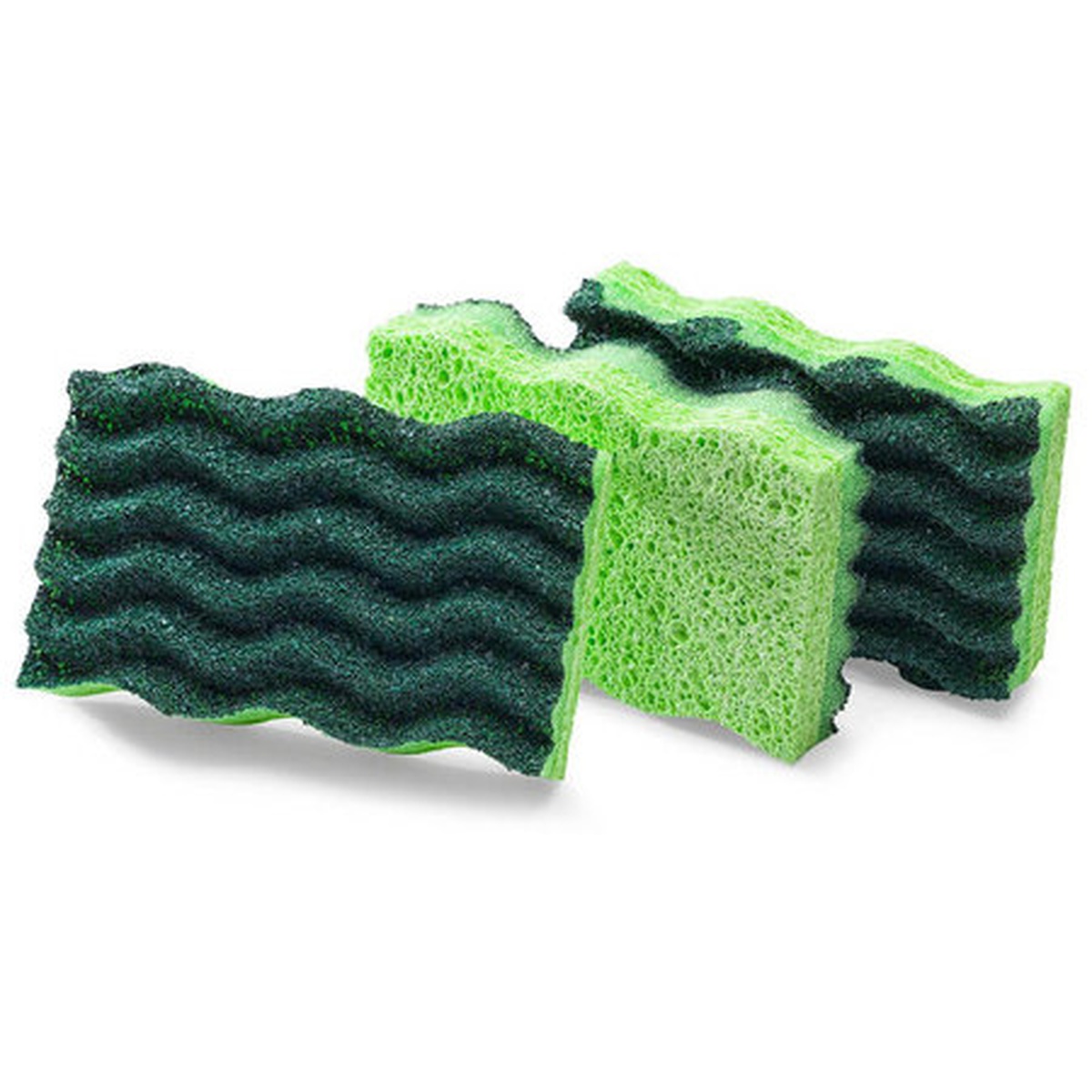 Two Libman Commercial 1077 green heavy-duty scrub sponges showing wavy acrylic scrubbing surface and cellulose body
