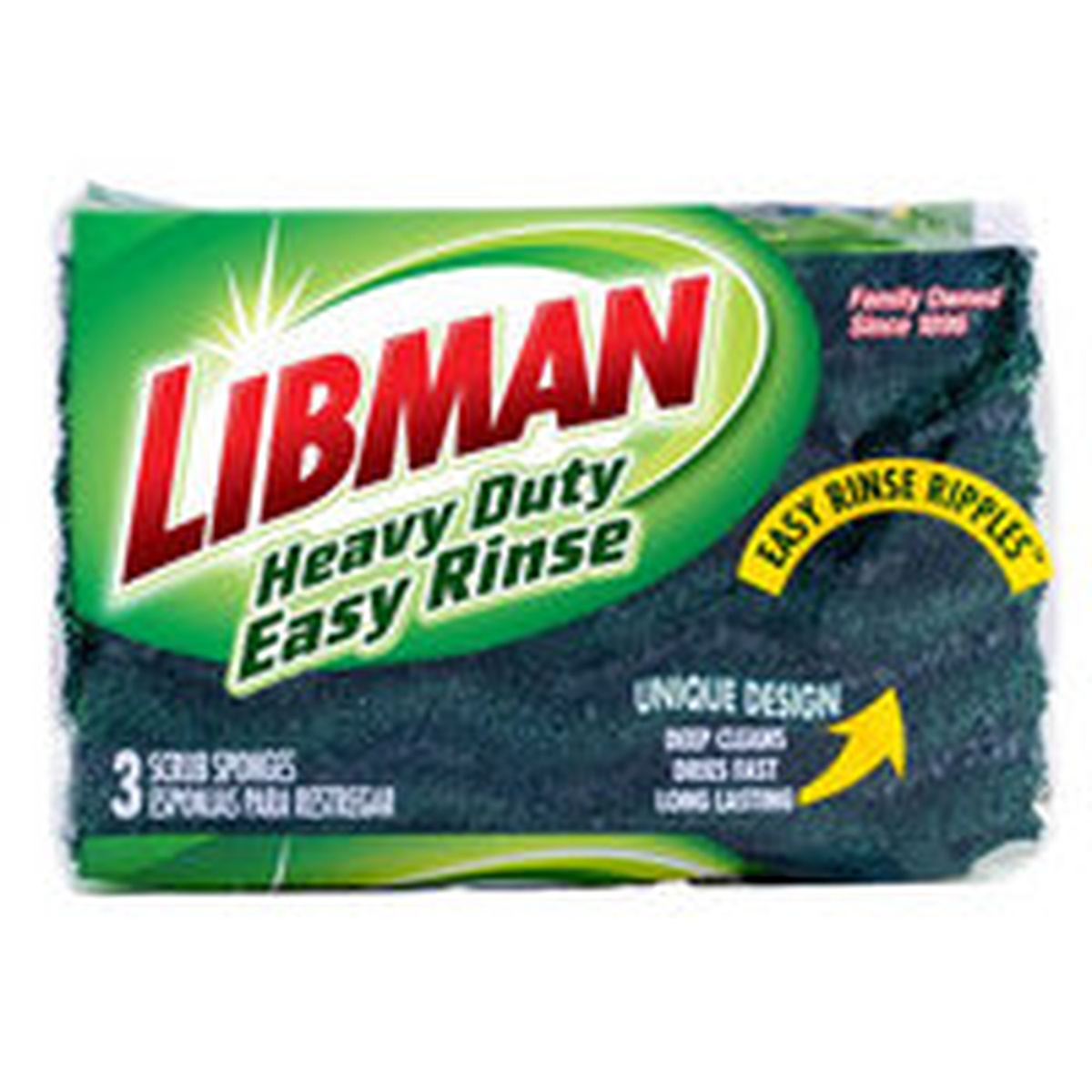 Libman Heavy Duty Easy Rinse scrub sponge 3-pack retail packaging