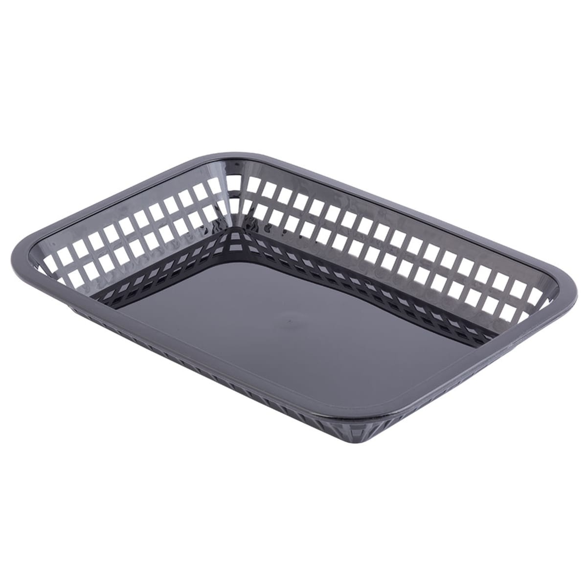 Tablecraft 1077BK black polypropylene Grande platter basket shown at an angle highlighting the lattice sides and solid base