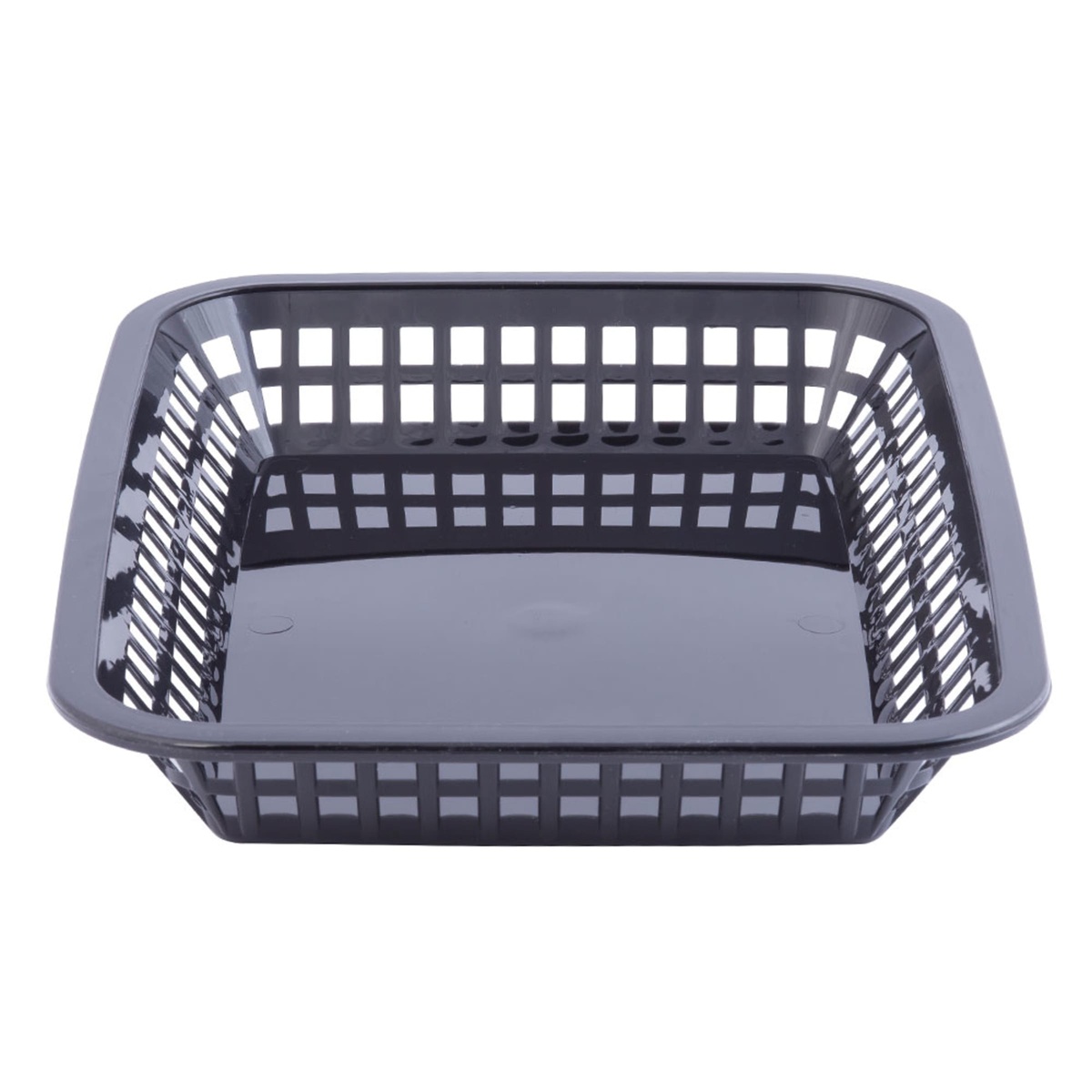 Elevated angled view of the Tablecraft 1077BK black platter basket showing deep lattice walls and smooth interior